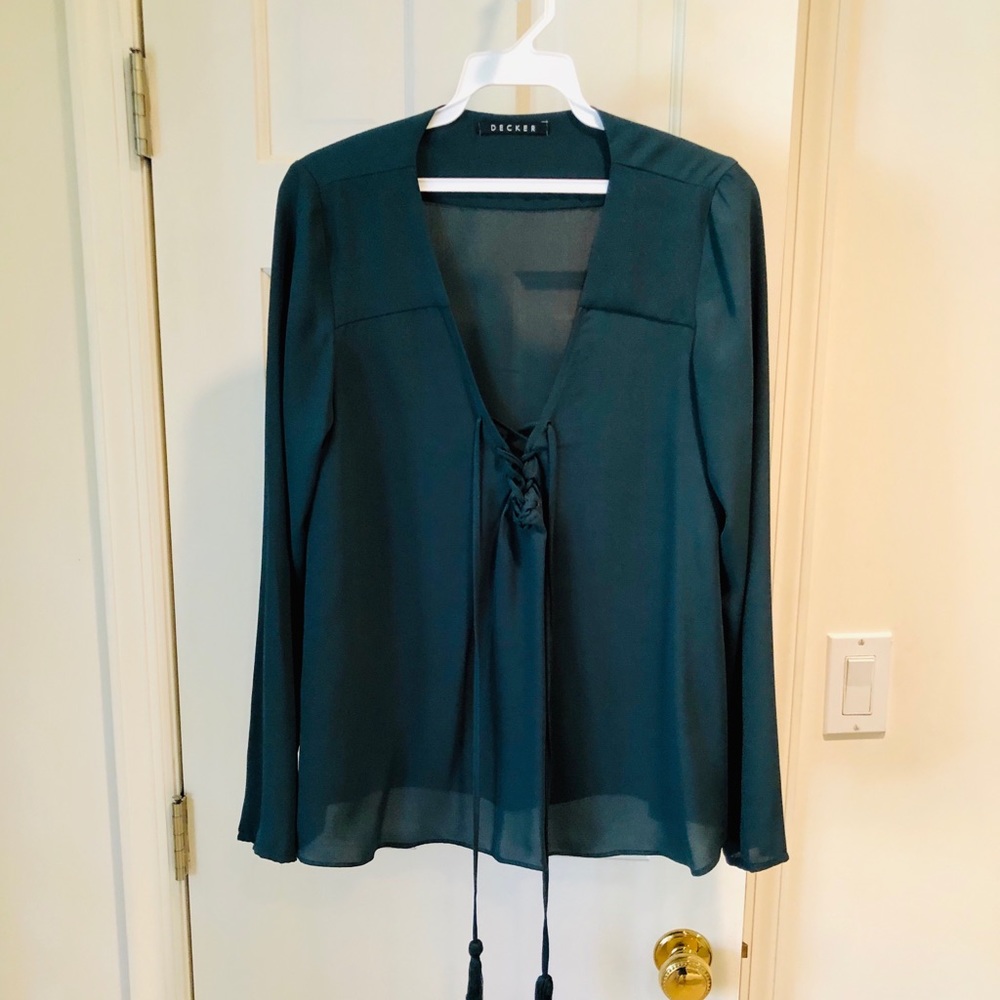 Decker Green Long Sleeve Lace - Up Neck Line Top